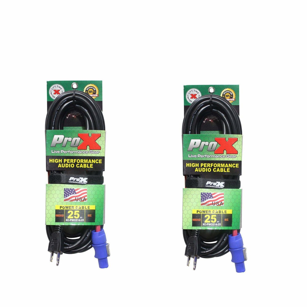 2 PowerCon Cables 14 AWG 25 ft High Performance A Blue to AC Edison 3 Prong Male