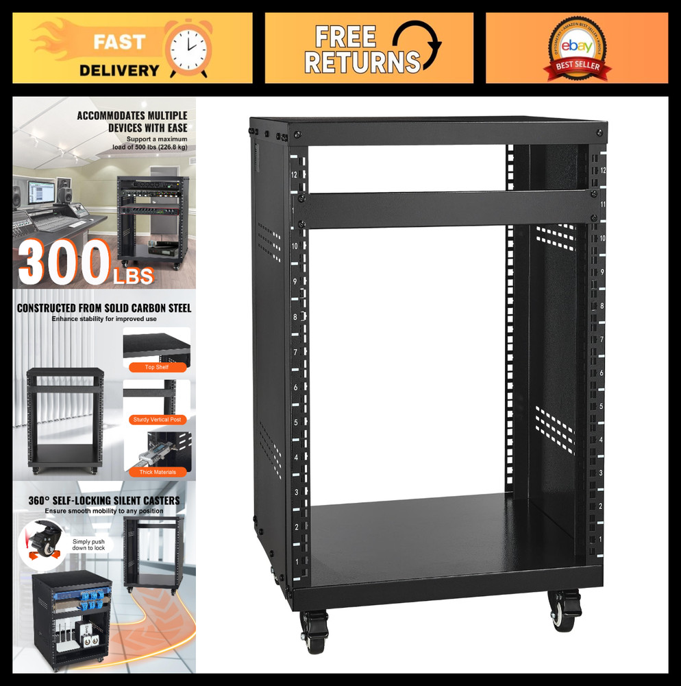 12U AV Rack Stand with Caster Wheels, Recording Studio Cabinet, Removable Panels