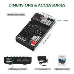 Audio Mixer 4 Channel Sound Mixer Console, Professional Music Mixing Board DJ…