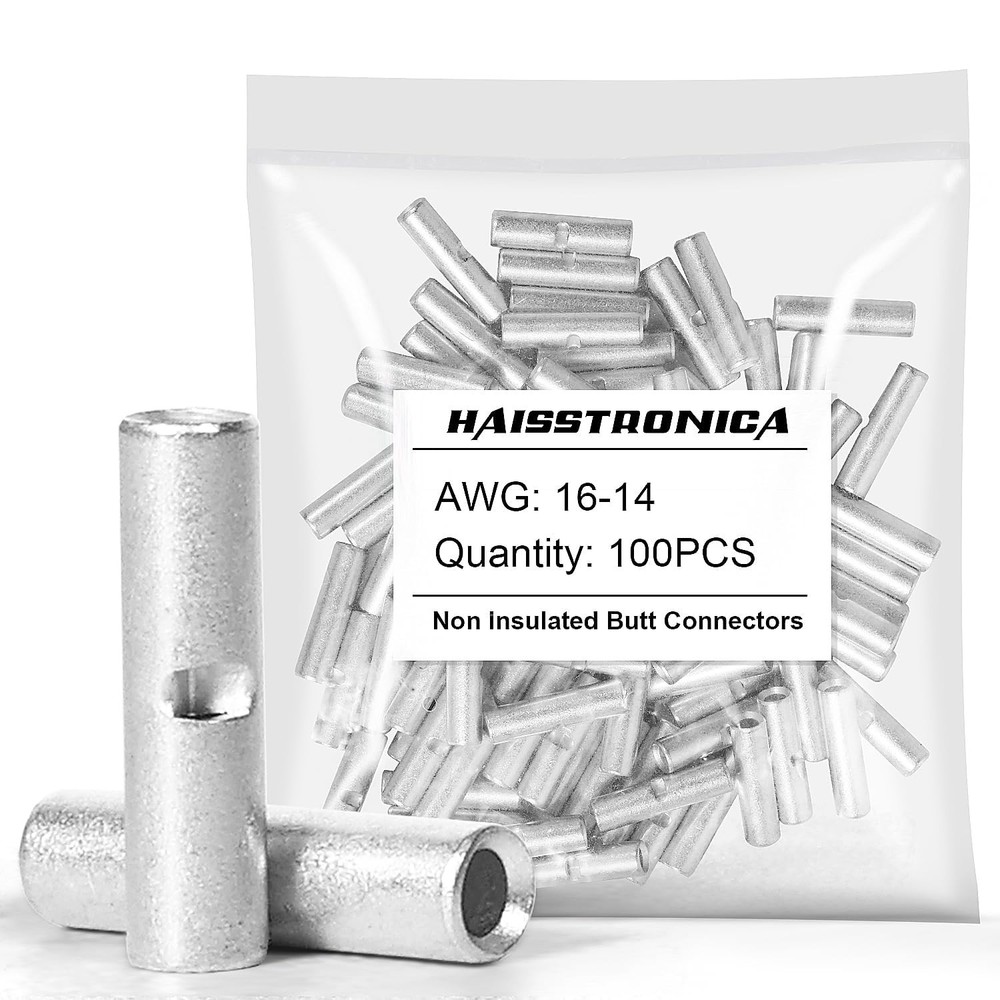haisstronica Non Insulated Butt Connectors Kit, 100pcs 16-14 AWG, silver