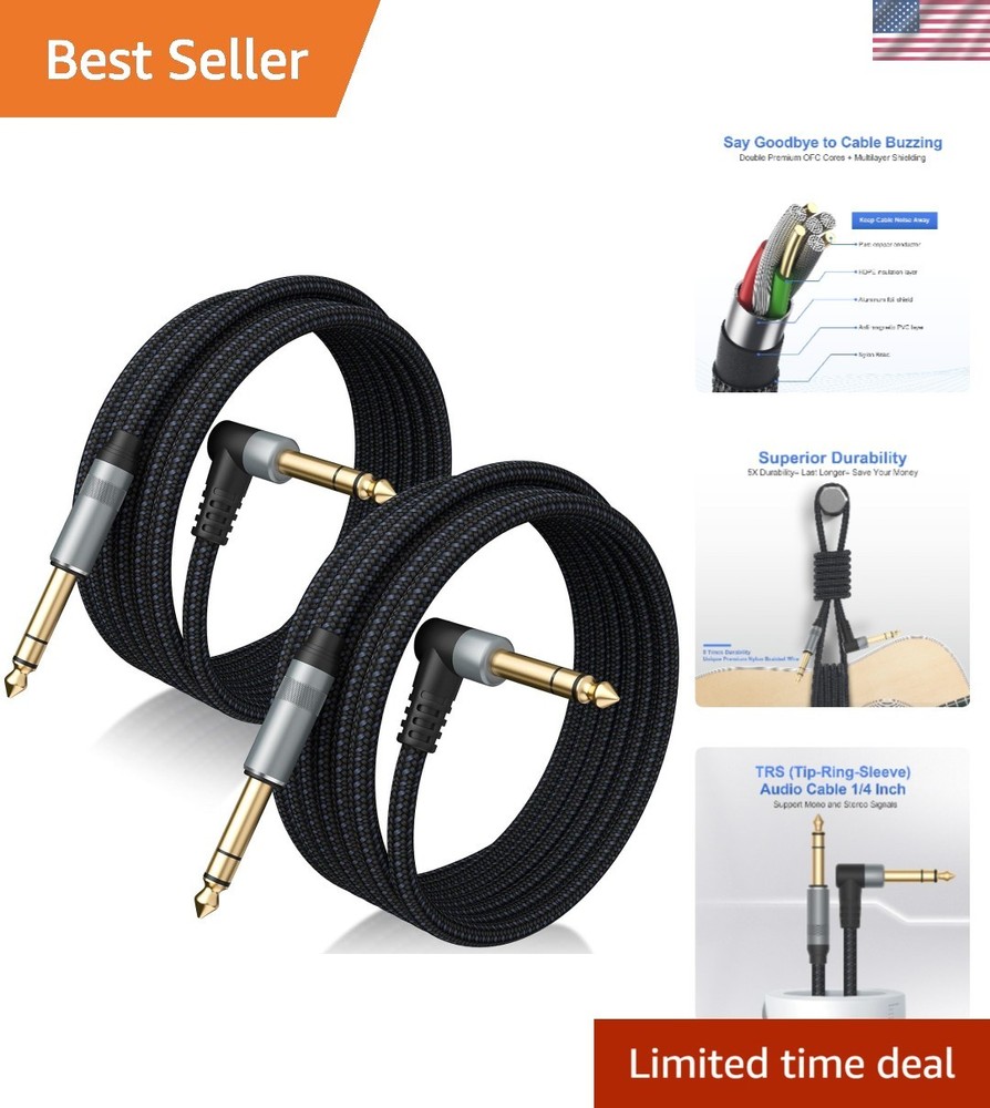 2 Pack 10FT 1/4 Inch TRS Audio Cable Stereo Balanced Right Angle Studio Cable