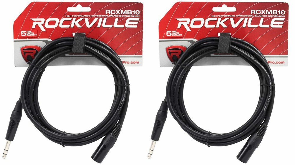 2 Rockville RCXMB10-B Black 10′ Male REAN XLR to 1/4“ TRS Balanced Cables