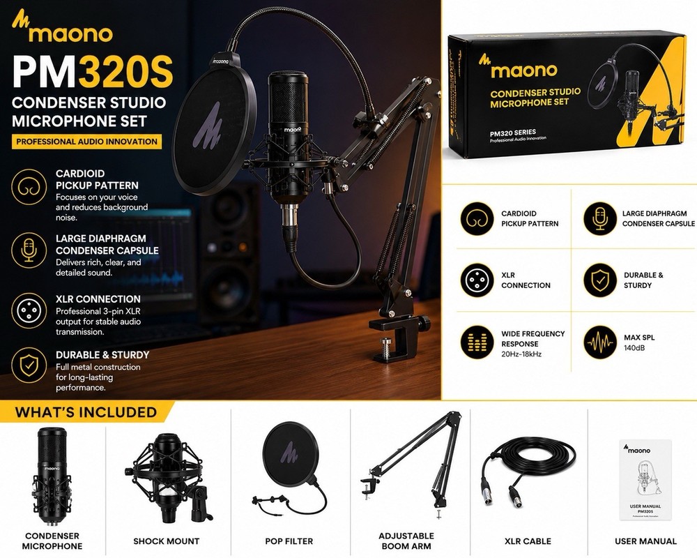maono PM320S Condenser Studio Microphone XLR Shock Mount Pop Filter Boom Arm