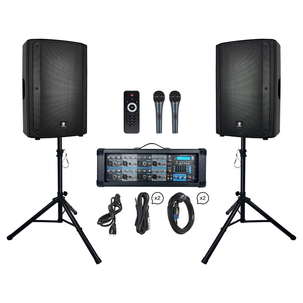 PRORECK 2400W 15″ Powered PA DJ Speaker System 8-Ch Mixer Mic Bluetooth Karaoke