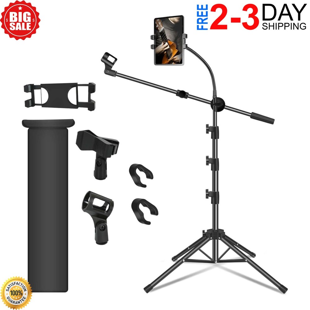 Mic Stand Microphone Floor Boom with Tablet Phone Holder Height Adjustable Clips