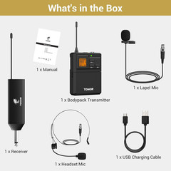 UHF Wireless Microphone System with Headset Lavalier Lapel Mic, Bodypack