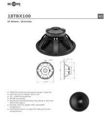 B&C 18TBX100-4 4-Ohm 18″ Subwoofer 2400 Watts Low Frequency 35 – 1000 Hz SUB.