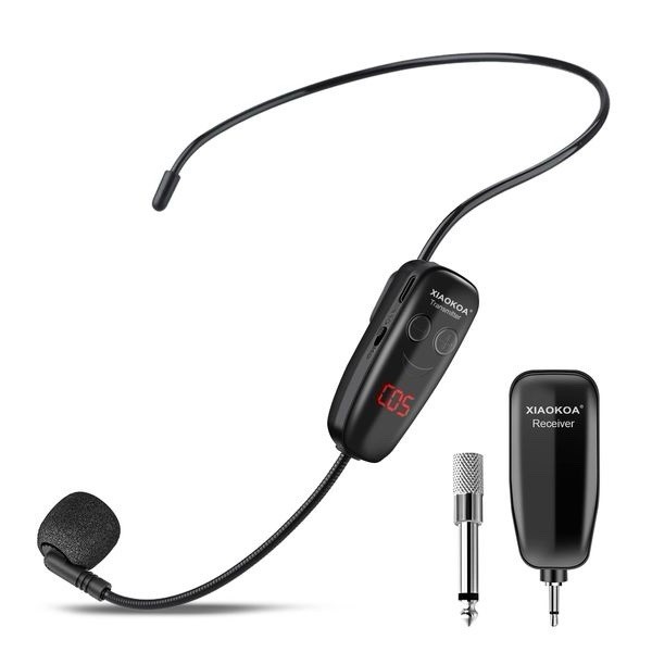 XIAOKOA Wireless Microphone Headset, UHF Head Mic Speaker One Size, Black-B