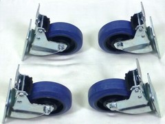 Set Of Four 4″ Heavy Duty Swivel Casters w/4″ Blue Rubber Wheels & Locking Brake
