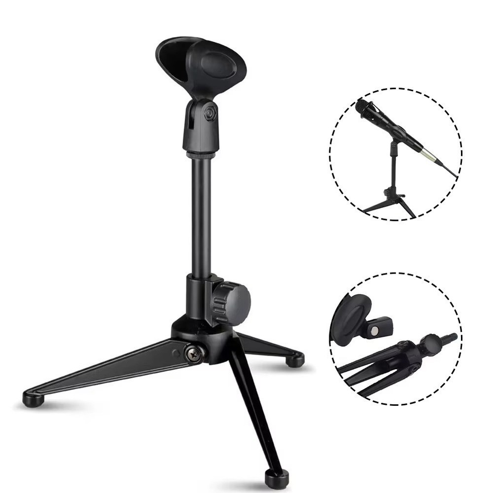 Microphone Desk Adjustable Stand Tripod Desk Top Clip Holder Foldable Table Mic