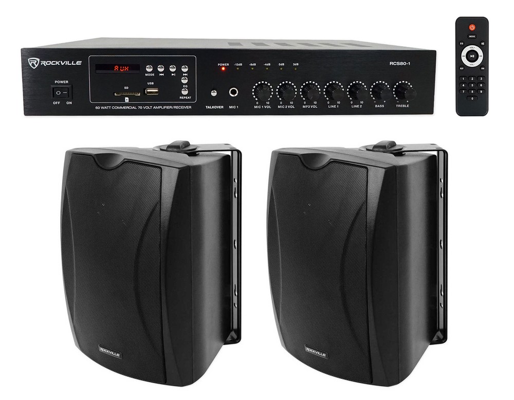 Rockville 60w 70v Commercial/Restaurant Amplifier+(2) Black 6.5″ Wall Speakers