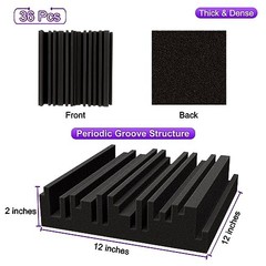 Thick Acoustic Foam Panels, 12 X 12 X 2 Inch 36 Pcs Broadband 36 pcs Black