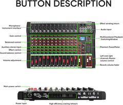 12-Channel Professional Audio Mixer with Bluetooth and USB Recording