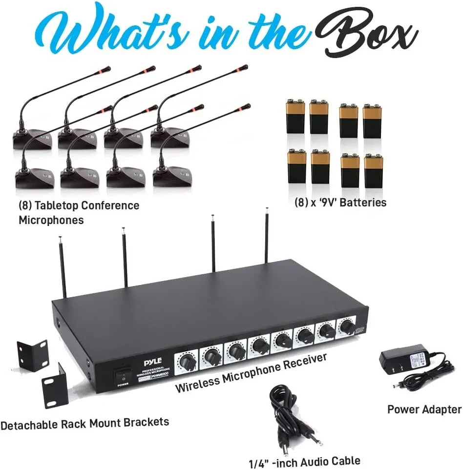 8 Channel Wireless Microphone System – Portable VHF Cordless Audio Mic Set