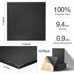 12 Pack Self-Adhesive Acoustic Panels, 12 X 12 X 0.4 High-Density Polyester S…