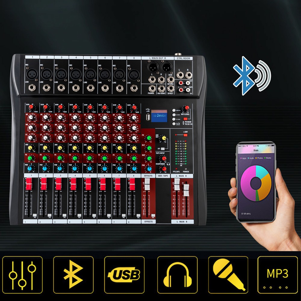 Pro 8 Channel Bluetooth Studio Audio Mixer Live Sound Mixing Console with USB