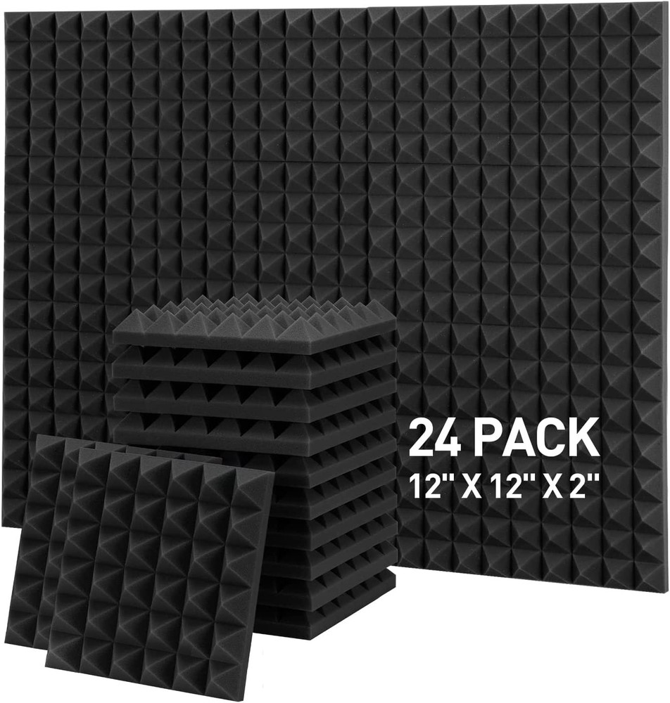 24 Pack Black 12 x 12 x 2 Inches Pyramid Acoustic Foam Panels Sound Proof Studio