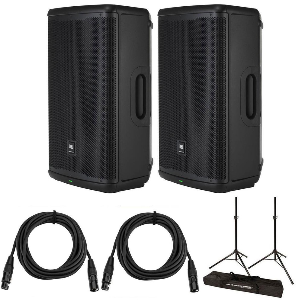 JBL EON715 15″ 1300W Powered PA Speaker Pair, Bundle with Stands and Cables