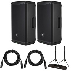 JBL EON715 15″ 1300W Powered PA Speaker Pair, Bundle with Stands and Cables