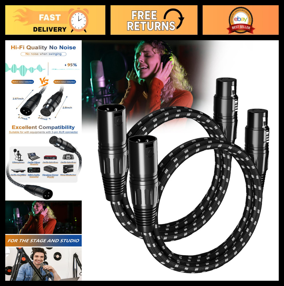 3ft XLR Cables 2 Pack – Balanced Shielded Microphone Cord, 3 Pin Male to Female