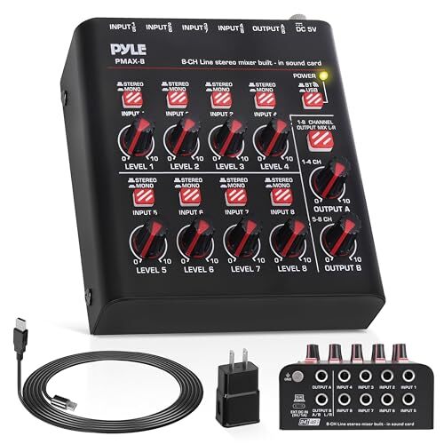 Pyle PMAX8 8-Channel Wireless Bluetooth Mini Line Mixer with Built-in Sound Card