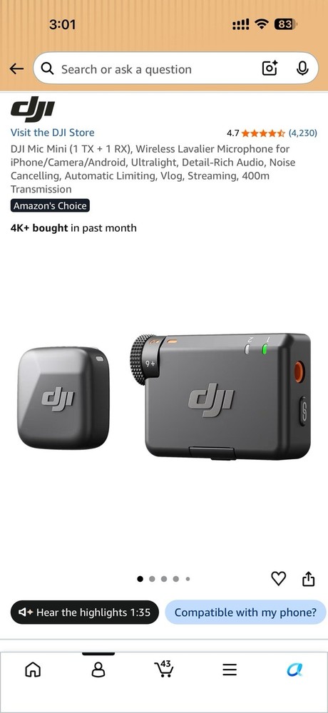 DJI Mic Mini Wireless Lavalier/Lapel Mic 1TX 1RX Noise-Cancelling Black