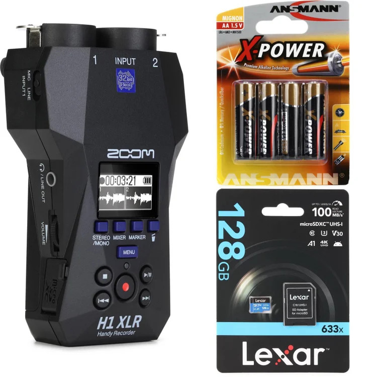 Zoom H1 XLR Portable Recorder with MicroSDXC Card and Batteries