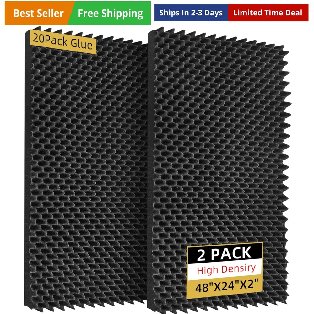 2 Pack Sound Proof Foam Panels | 48″×24″×2″ Egg Crate Foam Pad | High Density…