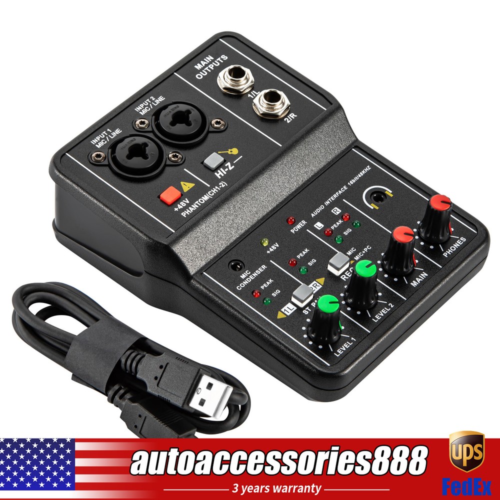 2 Channel USB Audio Mixer Console 48V Phantom Power For Mic/Line/Guitar