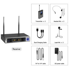 HOTEC UHF Wireless Microphone System Dual Lapel/Lavalier and Headset Microphones