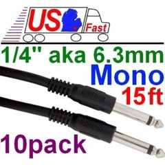 Lot10 15ft Mono1/4″Male~M Audio/Guitar/Amp/Microphone/PA/Mic Cable/CordWire6.3mm