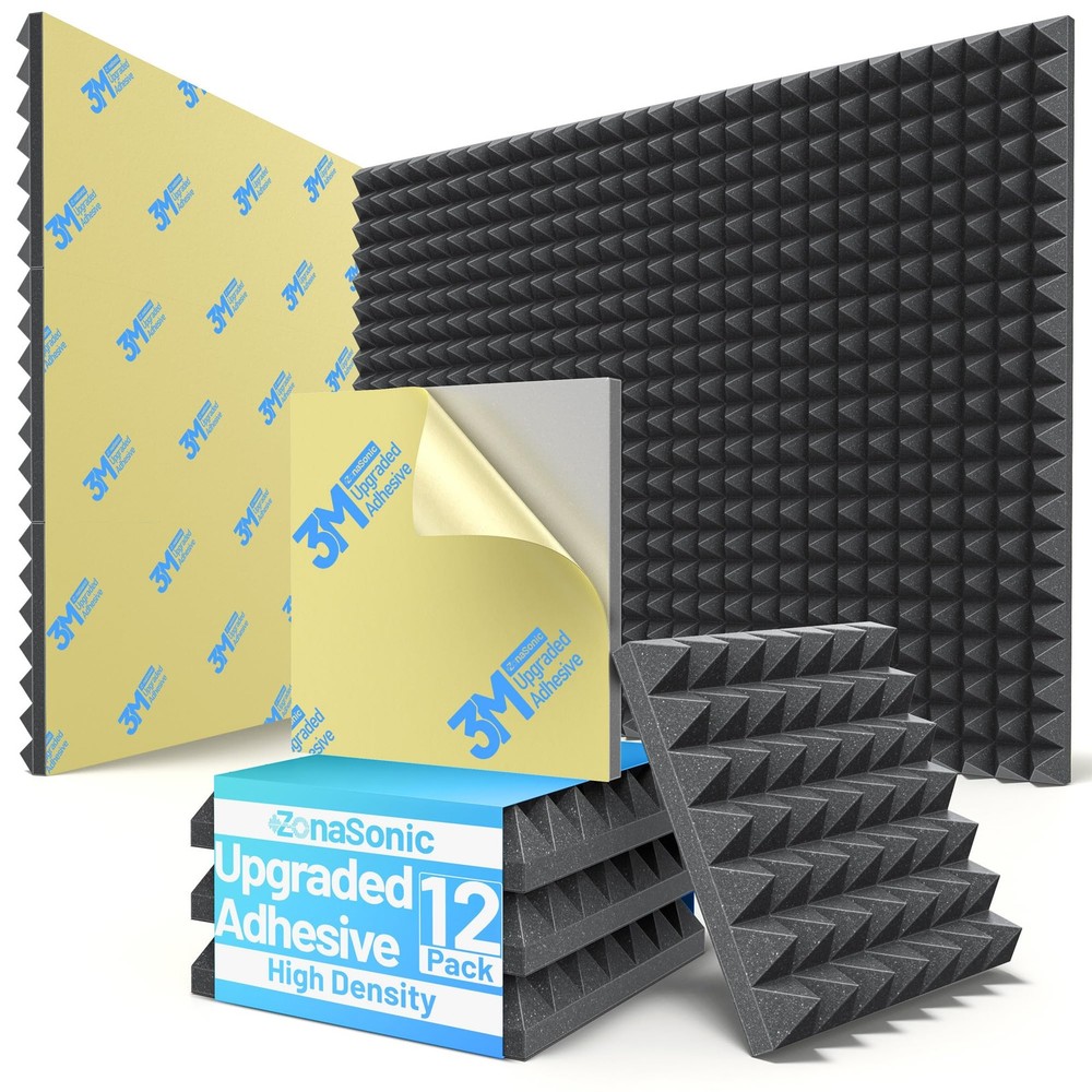 12 Pack Pyramid Sound Proof Foam Panels for Walls with 2 Inch 12 Pack, Black