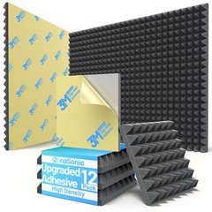 12 Pack Pyramid Sound Proof Foam Panels for Walls with 2 Inch 12 Pack, Black