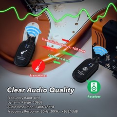 UHF Guitar Wireless System Transmitter+Receiver Built In Rechargeable Battery