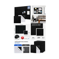 12 Pack Acoustic Felt Panels Black Polyester Fiber 11.8×11.8in Adhesive