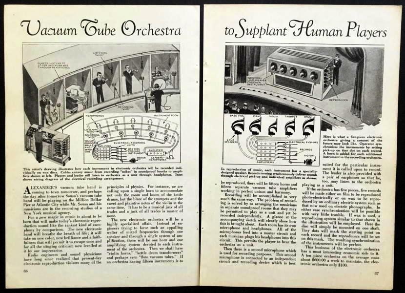 “Vacuum Tube Orchestra” 1st multitrack Recording Studio 1931 article EMI concept