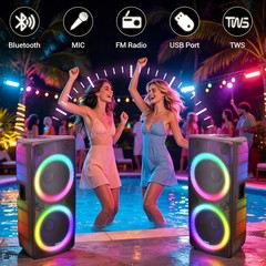 Dual 15″ Bluetooth Speaker Bass Sound System w/ Mic Remote USB/AUX for Party DJ