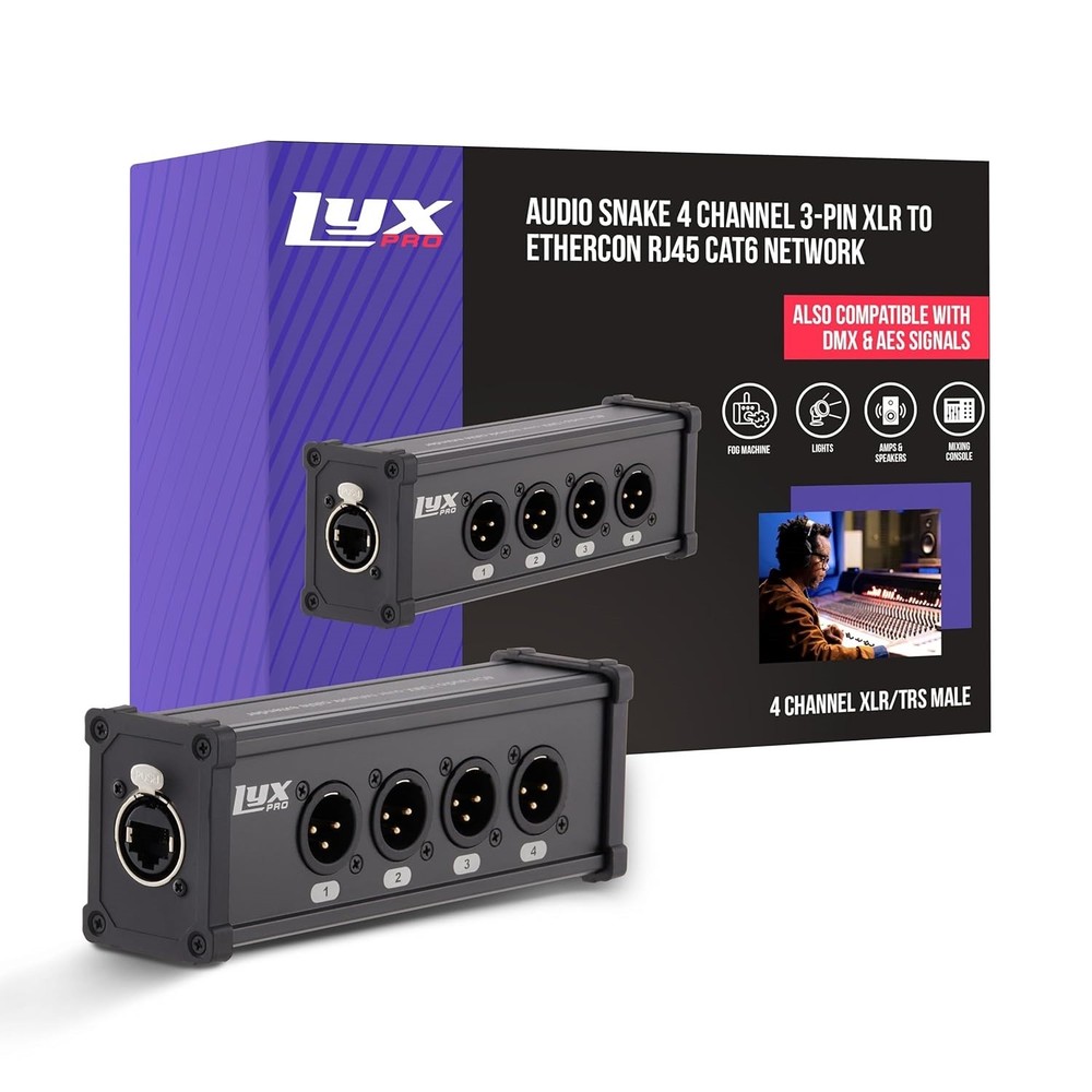 LyxPro 4‑Channel XLR to RJ45 Ethercon Male Breakout Audio Interface Cable Snake