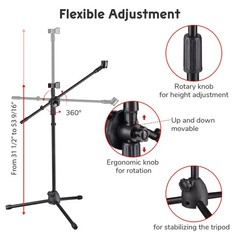360° Rotating Microphone Stand Dual Mic Clip Boom Arm Foldable Tripod Holder