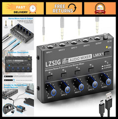 Mini Audio Mixer 4-Channel Stereo Line Mixer, Ultra Low-Noise, TS & TRS Inputs/O