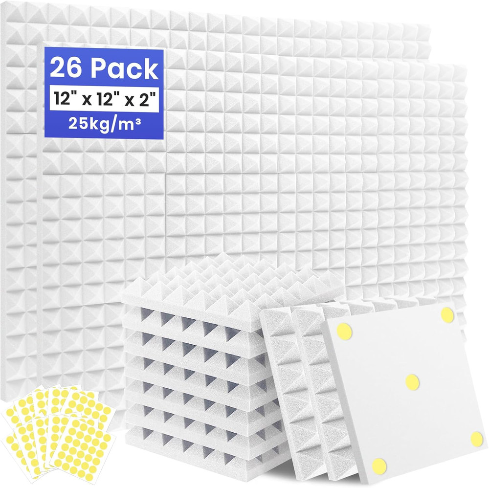 26 Pack Sound Proof Foam Panels for Walls, 12″ X 12″ X 2″ Pyramid Acoustic Foam