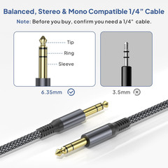 1/4 Inch TRS Instrument Cable 20Ft 2-Pack,Straight 6.35Mm Male Jack Stereo Audio