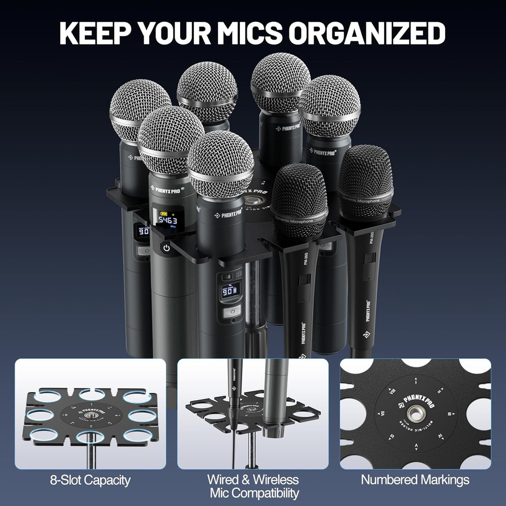 MA-H1 8-Slot Multi-Microphone Holder Wired Wireless Handheld Microphone Threaded