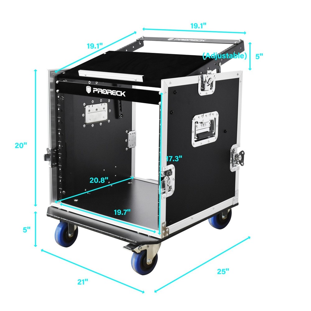 PRORECK 10U 20″ Slant Mixer Road Case Plywood DJ Rack with Wheels