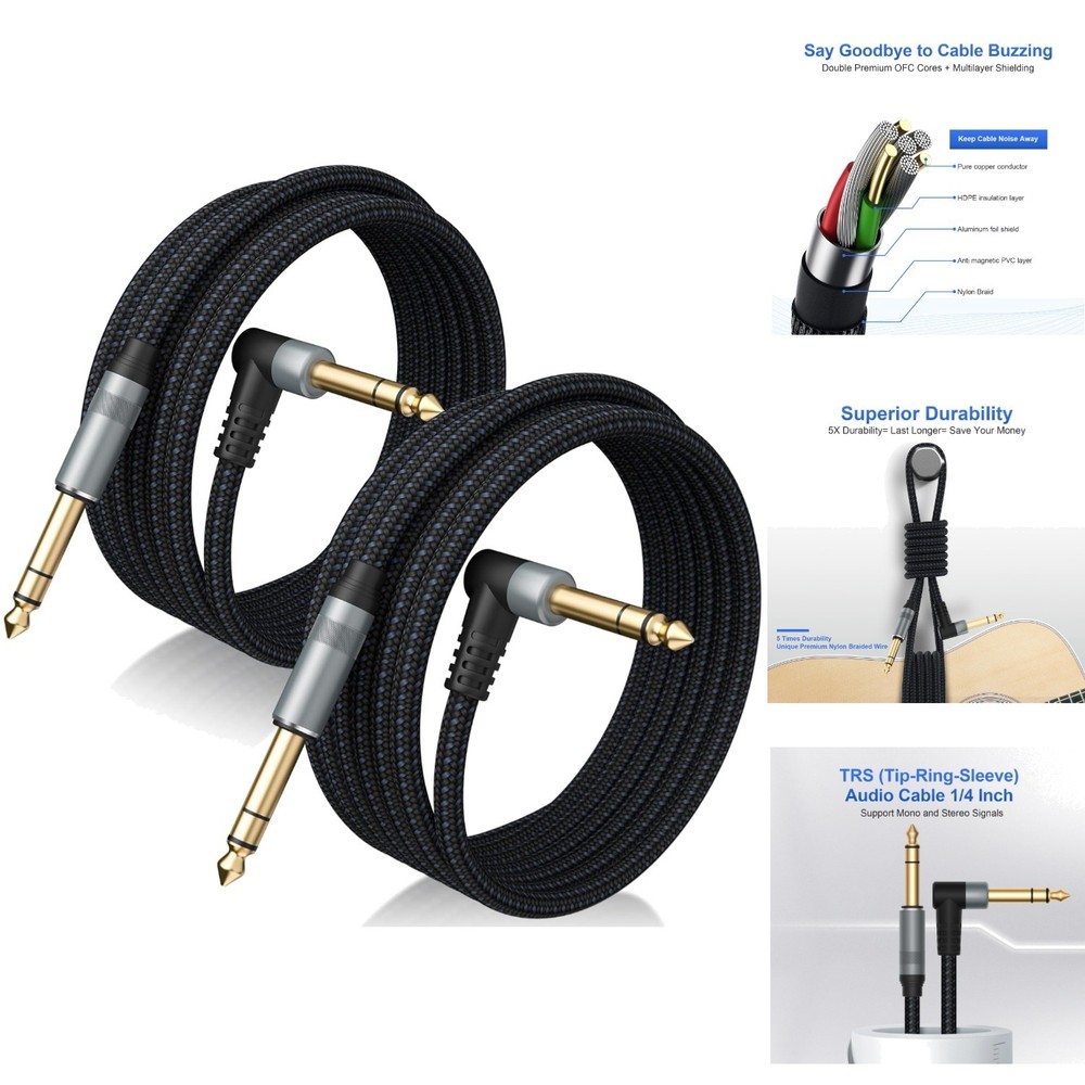 2 Pack 10FT 1/4″ TRS Balanced Audio Cable Stereo Right Angle Male to Male Cord