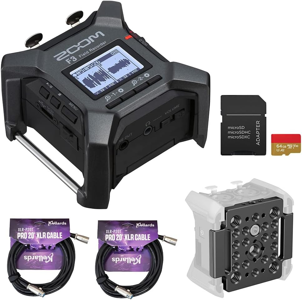 F3 2-Input / 2-Track Portable Field Recorder with Pro Field Kit Bundle with 64GB