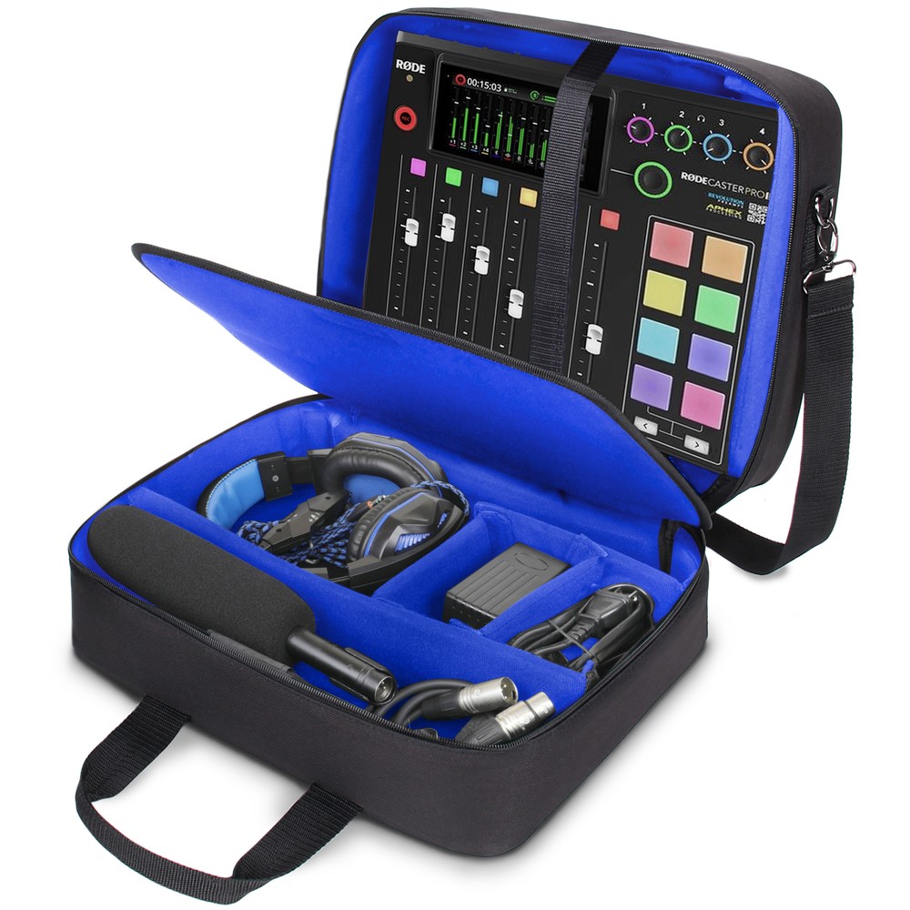 USA GEAR RODECaster Pro Case – Hold Podcaster, Mixer, Microphones, More (Blue)
