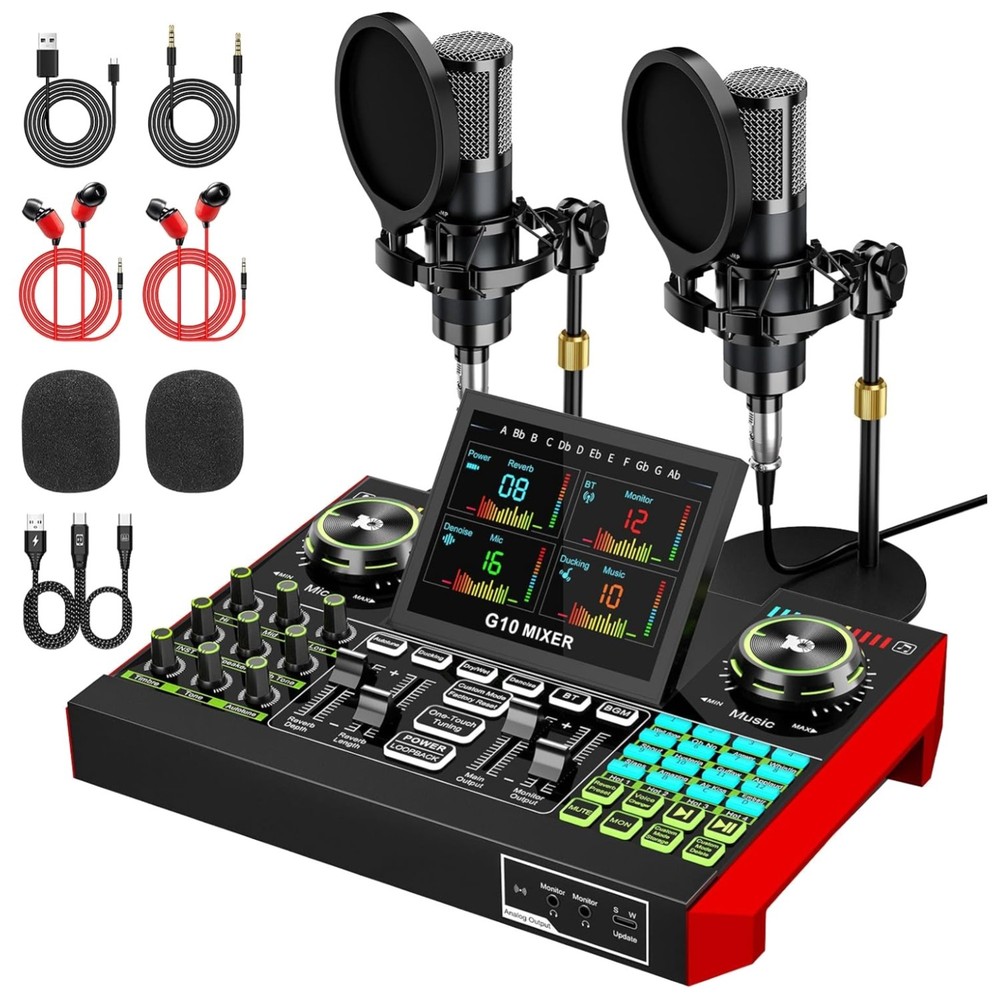 Dual Microphone Podcast Bundle for 2 – Condenser Mics, Mixer