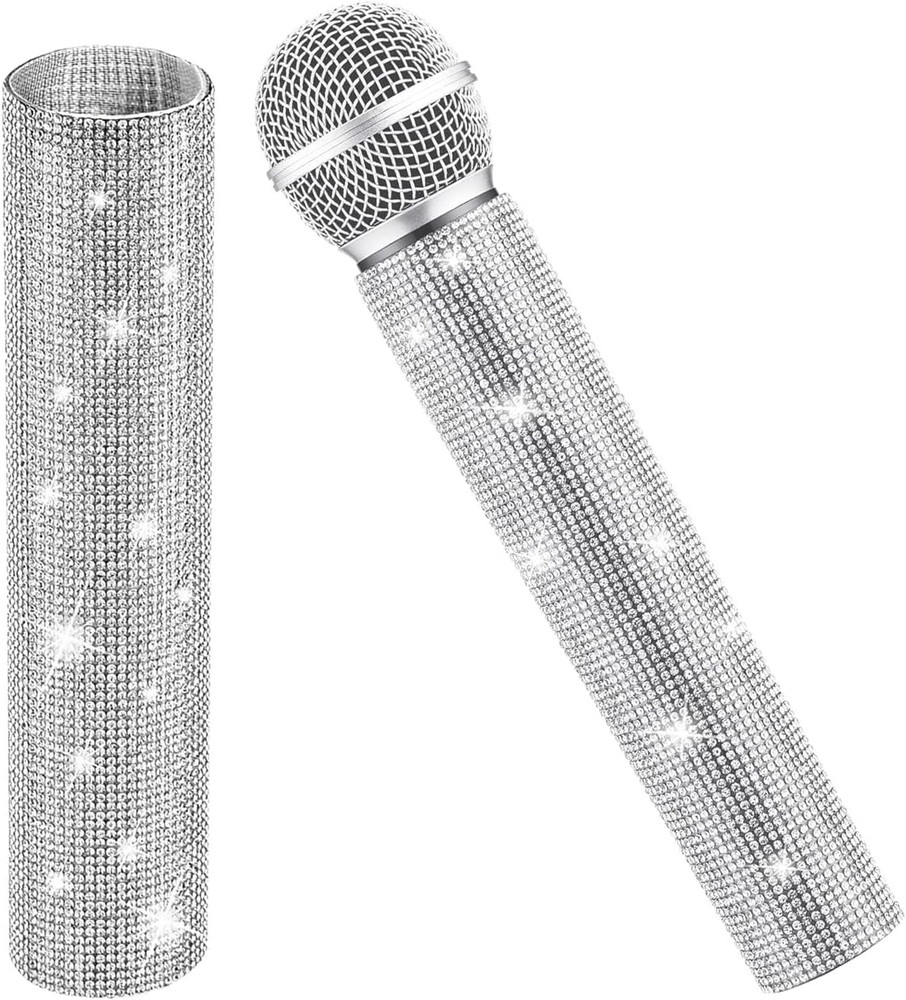 Rhinestone Microphone Sleeve – Sparkly Bling Crystal Mic Handle Cover, Fits Most