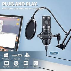 PIOLUNTH USB Microphone Plug & Play 192kHz/24bit Condenser Studio Mic Kit BLACK